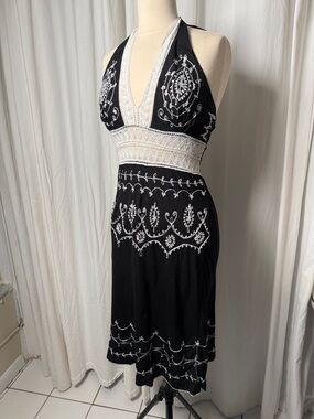 Black Embroidered Halter Midi Dress - White Detailing